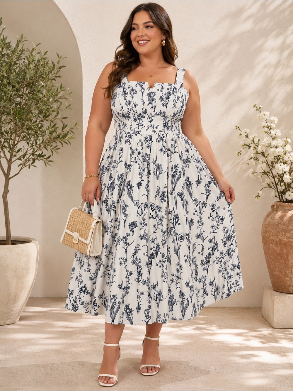 Sz XL YOZY Navy Blue & White Floral Smocked Midi Dress